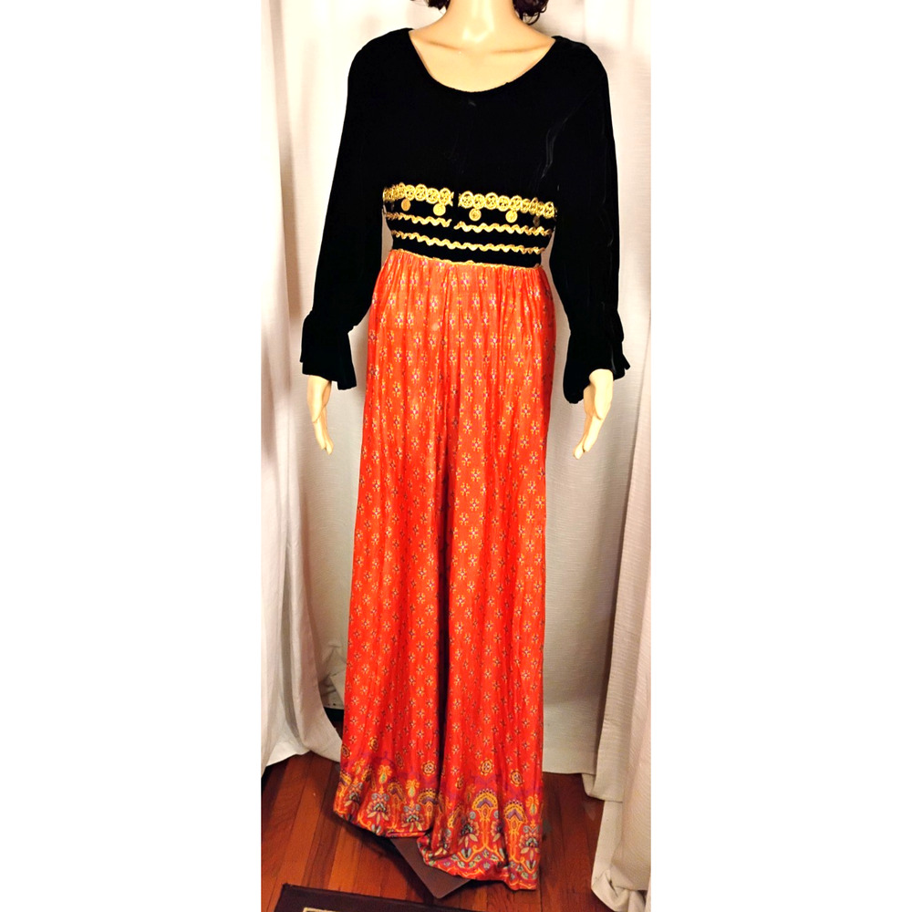 VTG Sandine Original 70s Extreme Wide Leg Jumpsuit Velvet Top Boho 11 USA Union